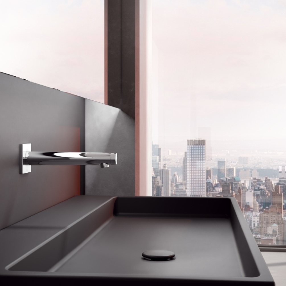 Close up product lifestyle image of the Keuco IXMO Square Wall Mounted Sensor Basin Mixer 59517 011102